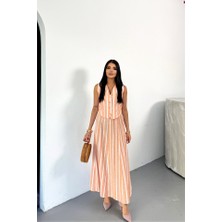 Deridün Yıldız Shoes Keten Çizgili Yelek - Uzun Etek Takım - Orange