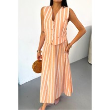 Deridün Yıldız Shoes Keten Çizgili Yelek - Uzun Etek Takım - Orange