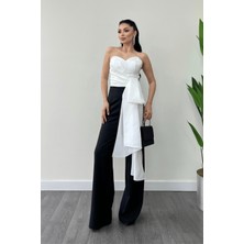 Atlas Kumaş Saten Detaylı Straplez Abiye Tulum - Beyaz/siyah