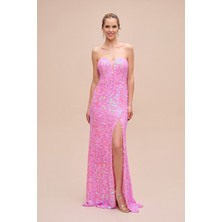 Pembe Straplez Payet Işlemeli Uzun Abiye Elbise 4XLD24WBM4417
