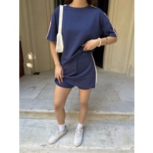 Deridün Yıldız Shoes Osy Modal Yumuşak Dokulu Kumaş Parçalı Bisiklet Yaka T-Shirt Mini Şortlu Etek Ikili Takım -Lacivert