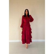 Deridün Yıldız Shoes Bordo Saten Büzgülü Kat Kat Elbise