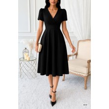 Deridün Yıldız Shoes Kadın Kruvaze Yaka Kısa Kollu Midi Boy Krep Kumaş Elbise