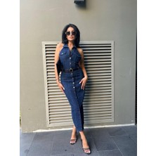 Deridün Yıldız Shoes Kadın Düğme Detaylı Belden Kemerli Sırt Dekolte Kot Elbise