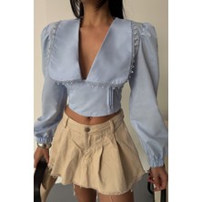 Deridün Yıldız Shoes Crop Poplin Gömlek Yaka Kenar Dantel Detaylı - Bebe Mavi