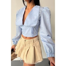 Deridün Yıldız Shoes Crop Poplin Gömlek Yaka Kenar Dantel Detaylı - Bebe Mavi