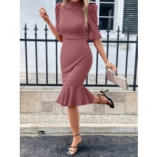 Deridün Yıldız Shoes Kadın Kısa Kollu Yarı Balıkçı Yakalı Etek Ucu Fırfırlı Midi Ithal Krep Elbise