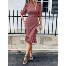 Deridün Yıldız Shoes Kadın Kısa Kollu Yarı Balıkçı Yakalı Etek Ucu Fırfırlı Midi Ithal Krep Elbise