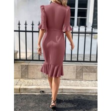 Deridün Yıldız Shoes Kadın Kısa Kollu Yarı Balıkçı Yakalı Etek Ucu Fırfırlı Midi Ithal Krep Elbise