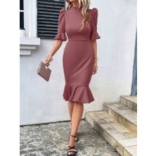 Deridün Yıldız Shoes Kadın Kısa Kollu Yarı Balıkçı Yakalı Etek Ucu Fırfırlı Midi Ithal Krep Elbise