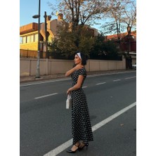 Deridün Yıldız Shoes Kadın Kısa Kollu Bisiklet Yaka Puantiyeli Maksi Örme Krep Elbise