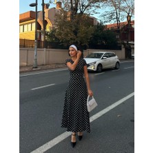 Deridün Yıldız Shoes Kadın Kısa Kollu Bisiklet Yaka Puantiyeli Maksi Örme Krep Elbise