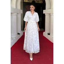 Tül Kumaş Üç Boyut Dikişli Midi Elbise - Beyaz