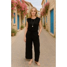 Deridün Yıldız Shoes Kadın Yarasa Kol Dijital Baskı Detay Bluz ve Yanı Şerit Detay Kristal Kumaş Pantolon Ikili Takım