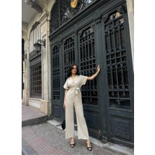 Deridün Yıldız Shoes Keten Tulum Bel Bağlama Detaylı - Krem