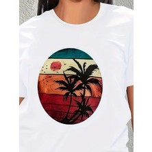 Deridün Yıldız Shoes Kadın Kısa Kollu Palmiye Baskılı Viskon T-Shirt