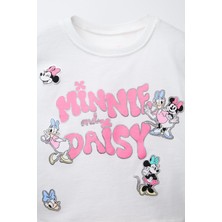 Kız Çocuk Minnie Mouse Daisy Duck Baskılı T-Shirt ve Çizgili Fırfırlı Şort Takım