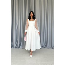 Deridün Yıldız Shoes Beyaz Kolları Organze Kuplu Elbise