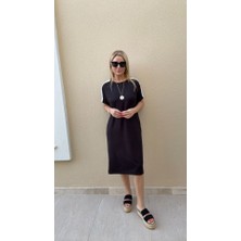 Deridün Yıldız Shoes Kadın Kısa Kollu Şerit Detay Midi Boy Elbise