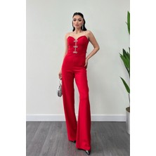 Atlas Kumaş Fiyonk Detaylı Abiye Tulum - Kırmızı