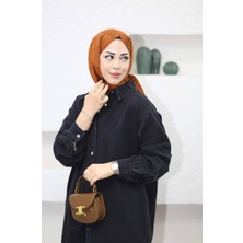 9058 - Çıtçıtlı Uzun Rahat-Şık Kadın Ince Kot Tunik Ceket