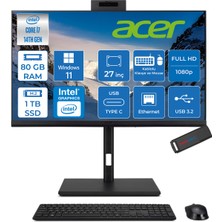 Acer Veriton 4000 VZ4727GT Intel Core I7 14700 80GB Ram 1tb SSD Windows 11 Home UHD Graphics 27" Yükseklik Ayarı, Pivot, Vesa Desteği Fullhd All In One Bilgisayar DQR23EM003H33 + Zetta Flash Bellek