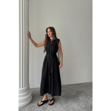 Deridün Yıldız Shoes Keten Elbise Kolsuz Bel Bağlamalı Maxi Elbise - Siyah