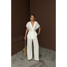 Deridün Yıldız Shoes Keten V Yaka Belden Bağlamalı Bluz-Pantolon Takım - Beyaz