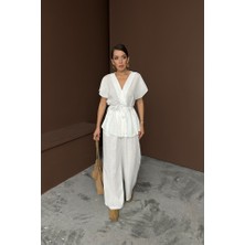 Deridün Yıldız Shoes Keten V Yaka Belden Bağlamalı Bluz-Pantolon Takım - Beyaz