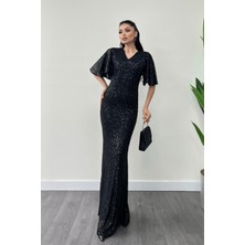 Pul Payet Kumaş V Yaka Abiye Elbise - Siyah