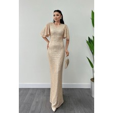 Pul Payet Kumaş V Yaka Abiye Elbise - Gold