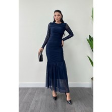 Tül Kumaş Büzgü Detaylı Kalem Elbise - Lacivert