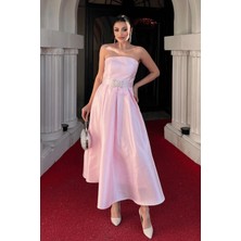 Tafta Saten Kumaş Straplez Midi Elbise - Pembe