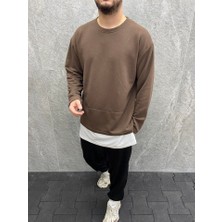 Oversize Beyaz Garnili Pamuklu  Kahverengi  Sweatshirt