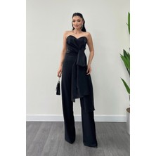 Atlas Kumaş Saten Detaylı Straplez Abiye Tulum - Siyah