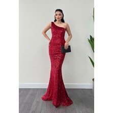 Kadife Payet Tek Kol Abiye Elbise - Kırmızı