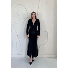 Deridün Yıldız Shoes Siyah Önü Yırtmaçlı Güllü Elbise