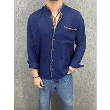 Oversize Kroşatalı Pamuk Keten Lacivert Bohem  Gömlek