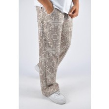 Beli Lastikli Paça Stoperli Aztek Desenli Pamuklu Baggy Pantolon