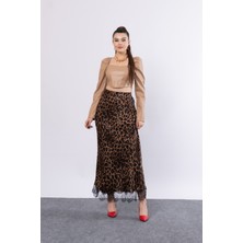 Saten Leopar Dantelli Uzun Etek 6750
