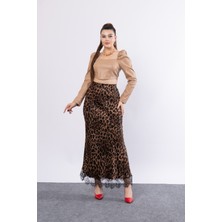 Saten Leopar Dantelli Uzun Etek 6750