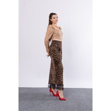 Saten Leopar Dantelli Uzun Etek 6750