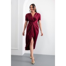 Kadın Bordo Düğüm Detaylı Büyük Beden Midi Saten Elbise