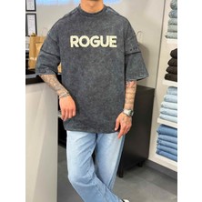 Erkek Yıkamalı Nakışlı Oversize T-Shirt Füme