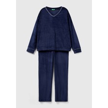 Kadın Lacivert Çizgi Detaylı V Yaka Pijama Takımı