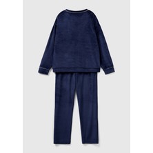 Kadın Lacivert Çizgi Detaylı V Yaka Pijama Takımı