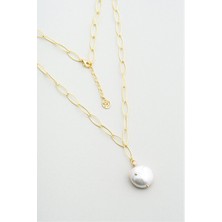 Doğal Inci Taşlı 18 Ayar Sarı Altın Kaplama 47 cm Gümüş Kolye