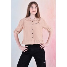 Kız Çocuk Bel Detaylı-Taş Baskılı Crop Gömlek 6-15 Yaş 12254