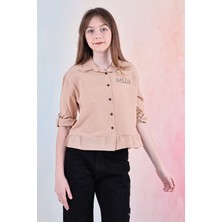 Kız Çocuk Bel Detaylı-Taş Baskılı Crop Gömlek 6-15 Yaş 12254