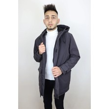 Rodrigo Fistan Store Erkek Antrasit Geniş Kesim Kapüşonlu Torba Cepli Fermuar Kapamalı Kışlık Kaban